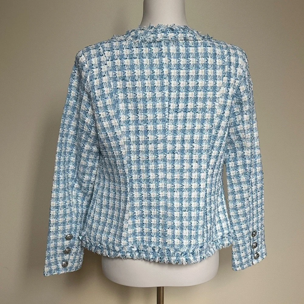 NIWIY Blue White Tweed Bouclé Blazer Jacket Size M - Picture 4 of 6